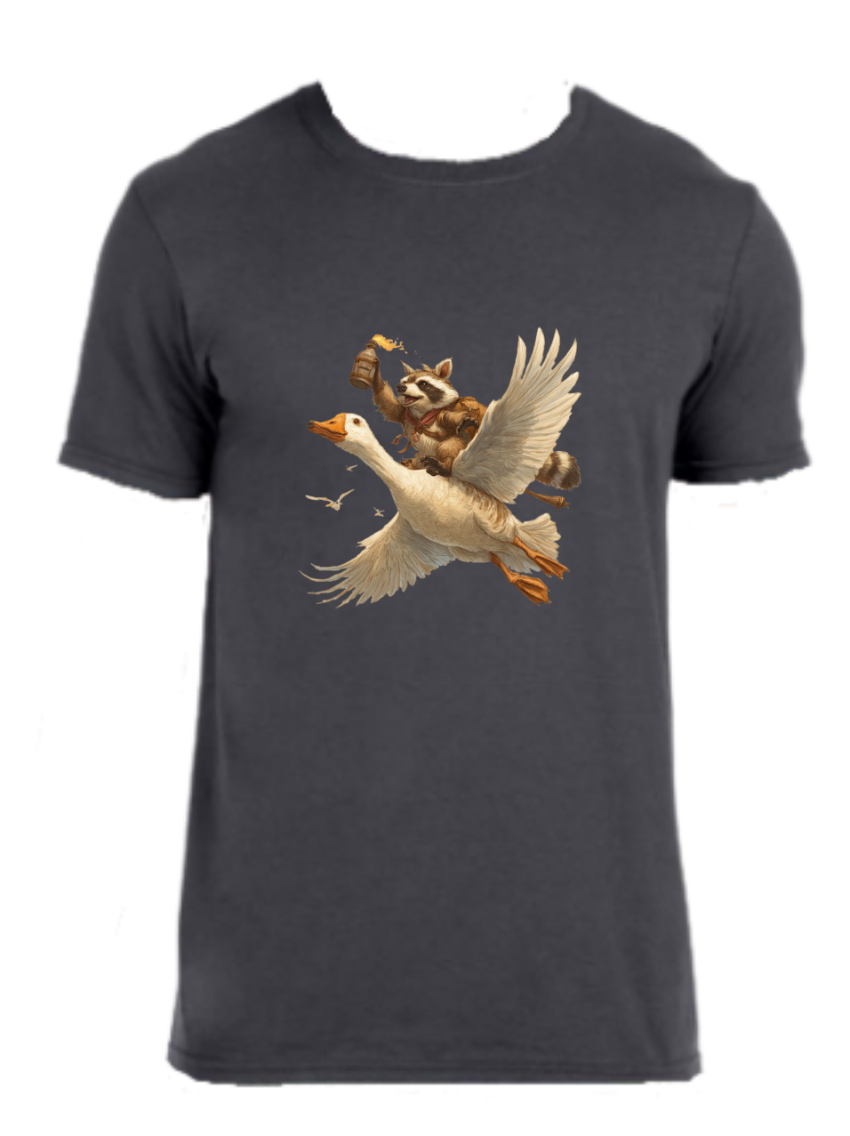 Goose flying with a raccoon holding a bottle with fire out of the top.