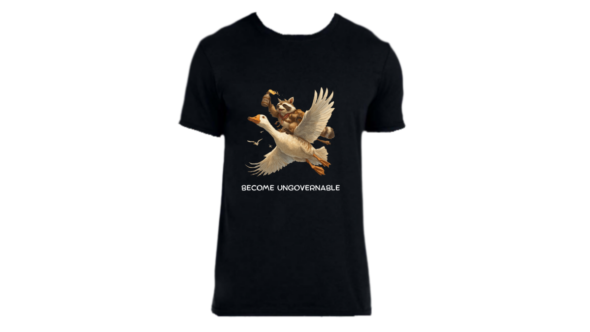 Black shirt with a racoon on a goose flying with text below that says become ungovernable.