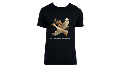 Black shirt with a racoon on a goose flying with text below that says become ungovernable.