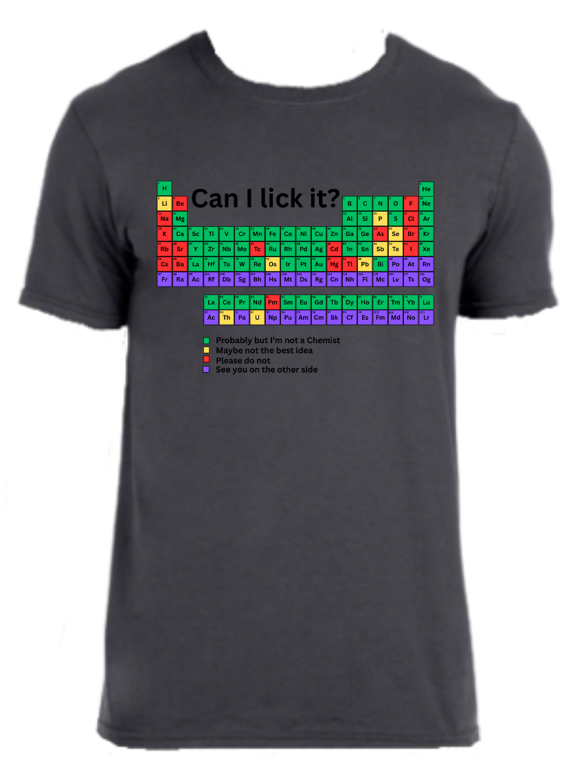 Periodic table shirt labeled in color coded degree of severity of being licked and have negative impact on health. All elements are inherently unadvised to a humorous degree. - Grey variant with dark text