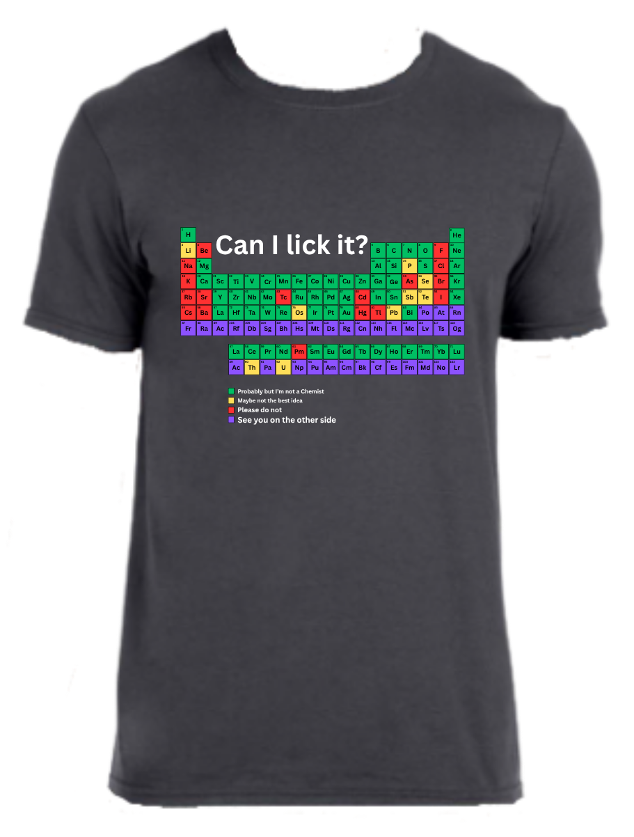 Periodic table shirt labeled in color coded degree of severity of being licked and have negative impact on health. All elements are inherently unadvised to a humorous degree. - Grey variant