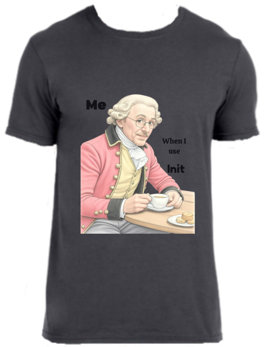 A Noble English gentleman sipping tea with cookies. With the text "Me When i use init" init is the initialization of a variable in coding. Dark text grey variant