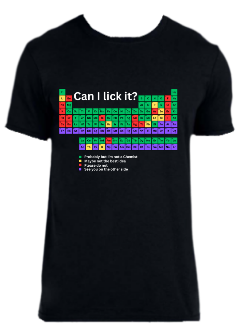 Periodic table shirt labeled in color coded degree of severity of being licked and have negative impact on health. All elements are inherently unadvised to a humorous degree. - Dark variant