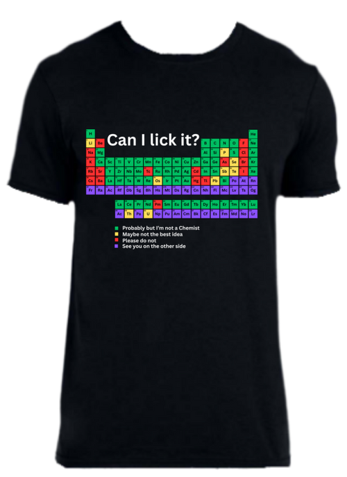Periodic table shirt labeled in color coded degree of severity of being licked and have negative impact on health. All elements are inherently unadvised to a humorous degree. - Dark variant