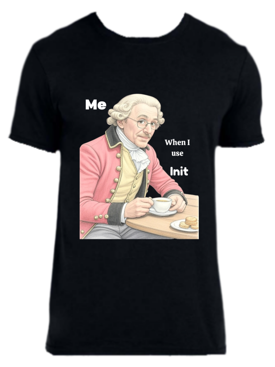 A Noble English gentleman sipping tea with cookies. With the text "Me When i use init" init is the initialization of a variable in coding. Light text dark variant