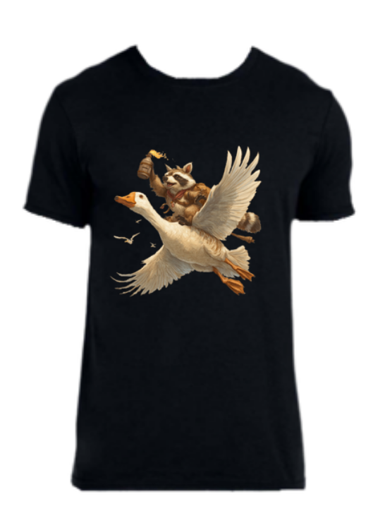 Goose flying with a raccoon holding a bottle with fire out of the top.